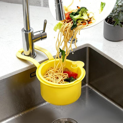 JOMCYDM Kitchen Sink Basket, Faucet Hanging Draining Basket, Kitchen Waste Catcher Hands-Free Press to Empty, Prevents Clogs & Messy Scraping (Yellow)