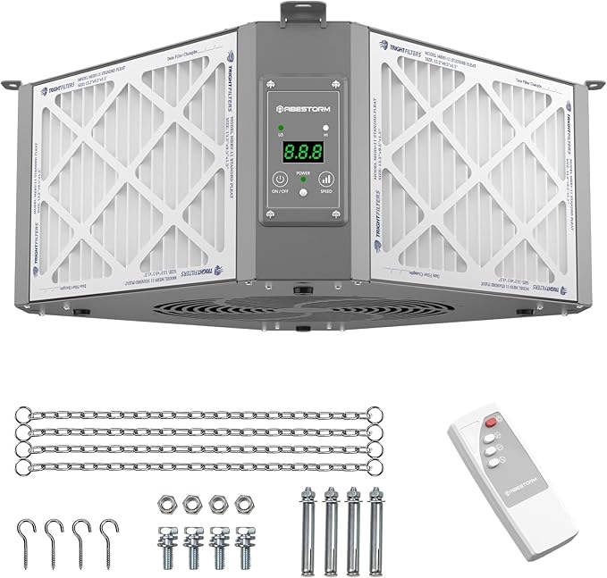 Abestorm 360 Degree Intake Air Filtration System for Woodworking, Built-in Ionizer, 1350CFM Hanging Air Filter, Shop Dust Collector, Garage WorkShop, MERV-11 filter, DecDust 1350IG