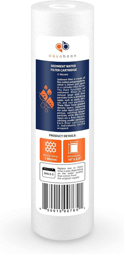 Aquaboon 1 Micron Whole House Sediment Filter 10 x 2.5 for RO & Well Water Filters Replacement Cartridges Compatible with AP110, WHKF-GD05, 6 Pack