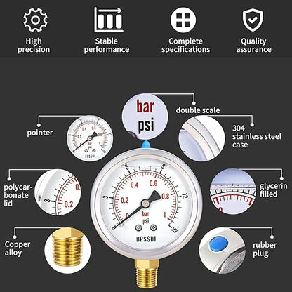 0-15 Psi Glycerin Liquid Filled Low Pressure Gauge, 2.5" Dial Size, 1/4" NPT Lower Mount, 304 Stainless Steel Case, for Water Pipe, HVAC, Water Oil Air Pressure Test
