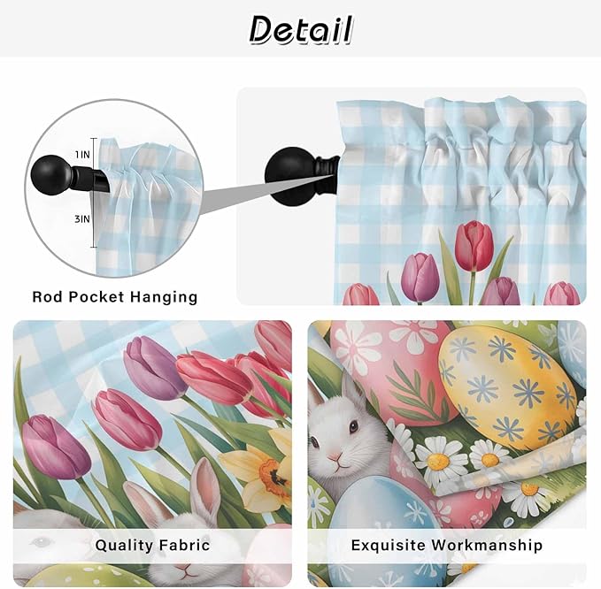Easter Kitchen Curtains 54 Inch Long 2 Panel Set,Rod Pocket Window Curtains Panels,Spring Bunny Colorful Eggs Tulip Flowers Blue Check Light Filtering Drapery Draperies for Bathroom 52"W x 54"L