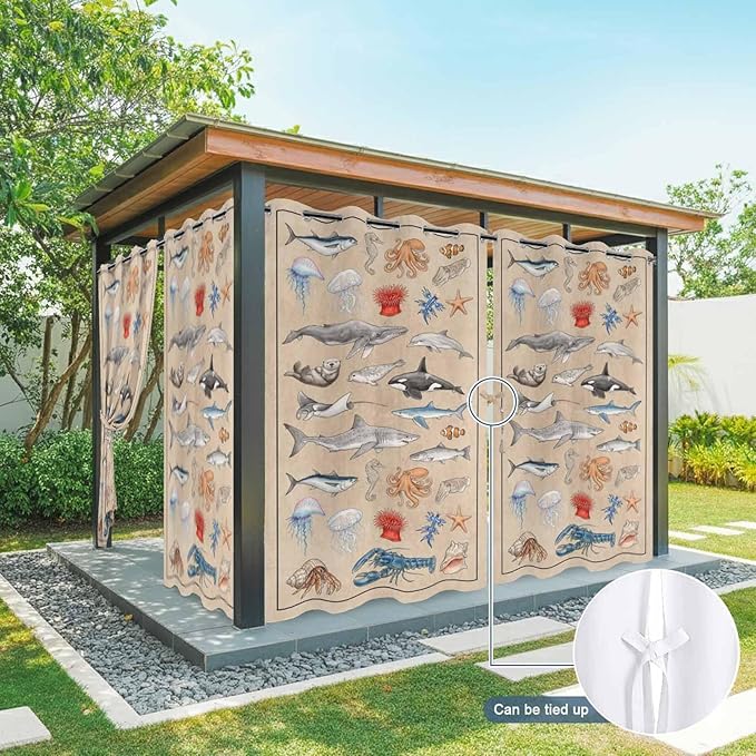 Vintage Outdoor Curtains for Patio Sharks Whales Lobsters Biographies Waterproof Outside Curtains with Grommet Top Weatherproof Curtain for Cabana Pergola Gazebo, 1 Panel, 54" W x 95" L
