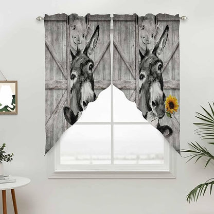 Funny Farm Animals Swag Valances for Windows, Vintage Barn Grey Sunflowers Rod Pocket Kitchen Curtains Valance, Kitchen Window Curtains Swag for Cafe Bathroom Living Room, 2 Panels, 36x63 inch