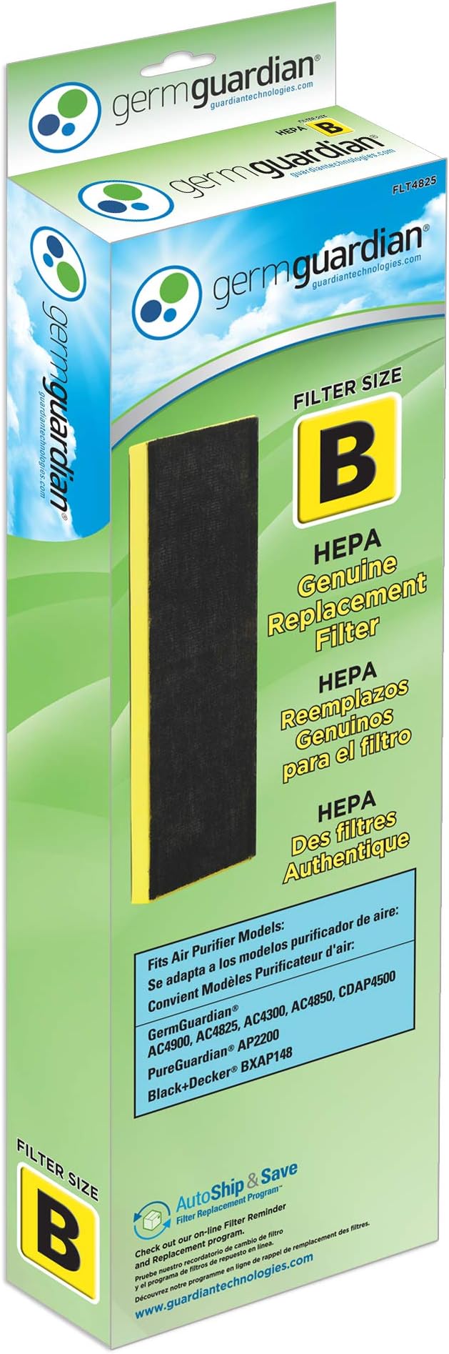 GermGuardian HEPA Pure Genuine Air Purifier Filter B, Removes 99.97% of Pollutants, Wildfire Smoke, Odors, for AC4825, AC4300, AC4900, AC4880, AC4850, CDAP4500, 2-Pack, Black/Yellow, FLT48252PK