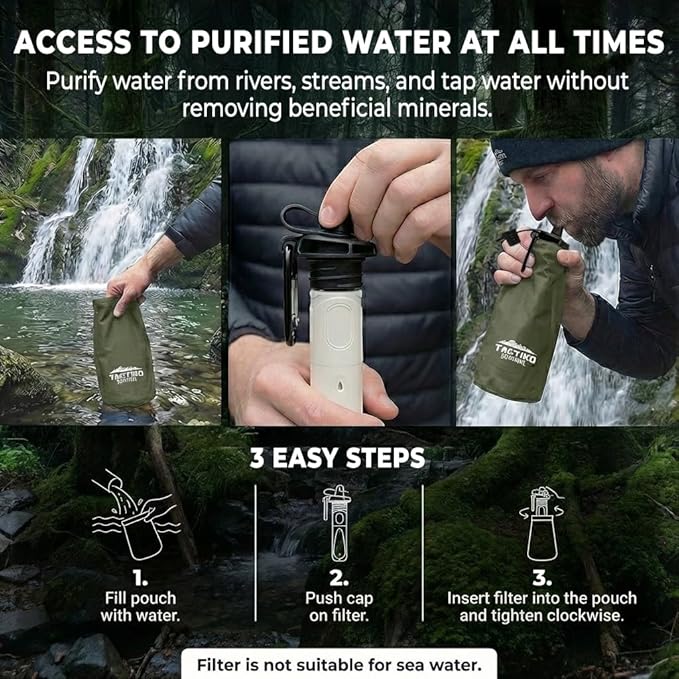 Tactiko Survival 20oz/600ml Purifying Water Bottle Filter Kit - Filter 265 Gal. Water from Rivers, Lakes & Streams - SGS Certified - UF Membrane, Activated Carbon - Camping, Hiking, Emergency (Green)
