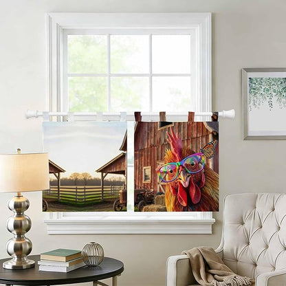 Farm Rooster Kitchen Curtains 24 Inch Length, Small Window Curtains Tab Top, Farmhouse Barn Funny Animals Butterfly Light Filtering Short Window Treatments Tier Drapes 27.5"x24" 2 Panel