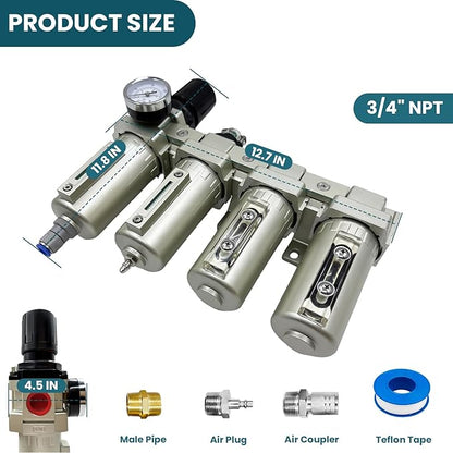 Upgraded 3/4" NPT Heavy Duty Industrial Grade 4 Stage Air Drying System, Particulate Filter, Coalescing Filter, Desiccant Dryer & Air Regulator - for Plasma Cutter, Paint Spray（Auto Drain）