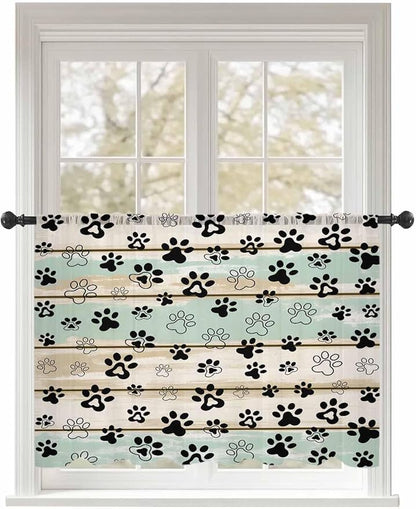 Sheer Curtains 54 Inch Length, Sage Green Beige Farmhouse Semi Sheer Curtains Light Filtering Window Treatment, Black Dog Paw Vintage Wooden Privacy Voile Drapes for Living Room Bedroom 52x54 Inch