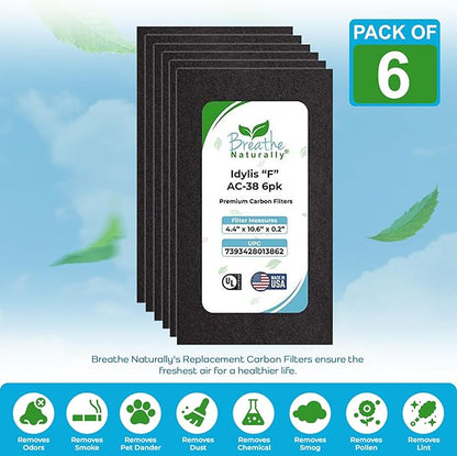 Breathe Naturally - Carbon Filters Compatible with Idylis F AC-38 Series Air Purifiers - Made for Idylis F AC-38/560885 Series - Made in USA - Odor Control for Air Purifiers(6 Pack Carbon Filter)
