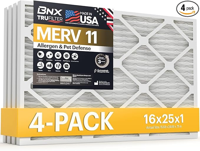 BNX TruFilter 16x25x1 Air Filter MERV 11 (4-Pack) - MADE IN USA - Allergen Defense Electrostatic Pleated Air Conditioner HVAC AC Furnace Filters for Allergies, Dust, Pet, Smoke, Allergy MPR 1200 FPR 7