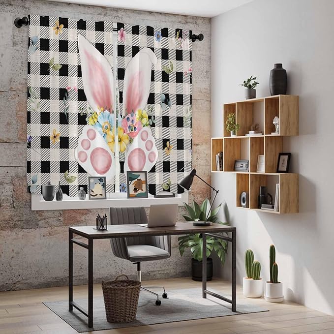 Easter Window Curtains 63 Inch Long 2 Panel Set, Rod Pocket Bedroom Curtains & Drapes, Spring Rabbits Ears Feet Wildflowers Black Plaid Light Filtering Window Treatment for Living Room 42"W x 63"L
