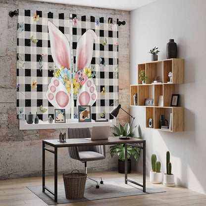 Easter Window Curtains 63 Inch Long 2 Panel Set, Rod Pocket Bedroom Curtains & Drapes, Spring Rabbits Ears Feet Wildflowers Black Plaid Light Filtering Window Treatment for Living Room 42"W x 63"L