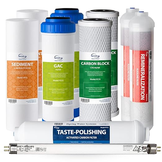 iSpring F10KU NSF Certified 1-Year Replacement Filter Set for 7-Stage RO Water Filtration Systems, Includes Alkaline Mineral & UV Filters, 10 Pieces, No RO Membrane