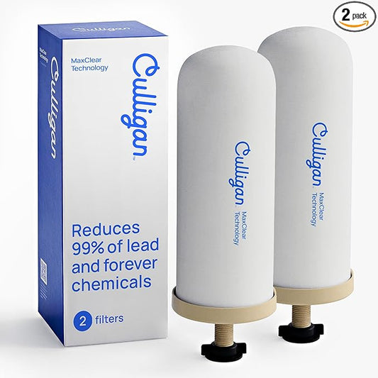 Culligan MaxClear 7” Gravity Water Filter Replacement Compatible with ProOne & Berkey Water Filter Systems, Ceramic & Carbon Filter NSF/ANSI Certified, Reduce Total PFAS, Microplastics & Lead, 2-Pack