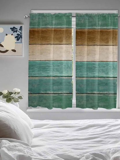 Vintage Plank Turquoise Brown Window Valance Curtains, Farmhouse Wood Grain Light Filtering Kitchen Valance with 3-inch Rod Pocket for Living Room Bathroom Bedroom,2 Panel,52x72In