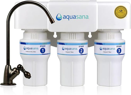 Aquasana Under Sink Water Filter | 3-Stage Claryum Filtration | Reduces up to 99.99% of PFAS, Lead & Chlorine | Under Counter Drinking Water Filter | Includes Oil-Rubbed Bronze Faucet | AQ-6300-ORB