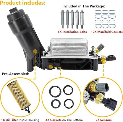 Engine Oil Cooler and Oil Filter Housing Adapter For 2011-2016 Chrysler 200 300, For Dodge Charger Challenger, For Jeep Grand Cherokee, ProMaster 3.6L V6, Replace# 5184304AE 68105583AF, 68105583AG