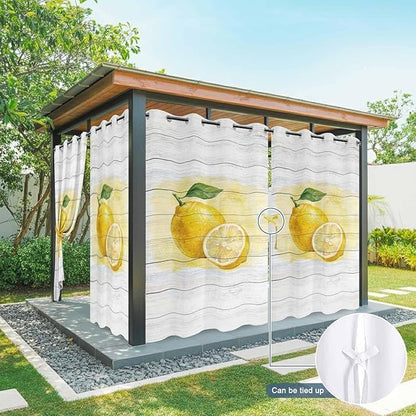 Lemons Yellow Summer Fruit Vintage Wood Outdoor Curtains for Patio Waterproof Outside Curtains with Grommet Top Weatherproof Curtain for Cabana Pergola Gazebo, 1 Panel, 54" W x 108" L