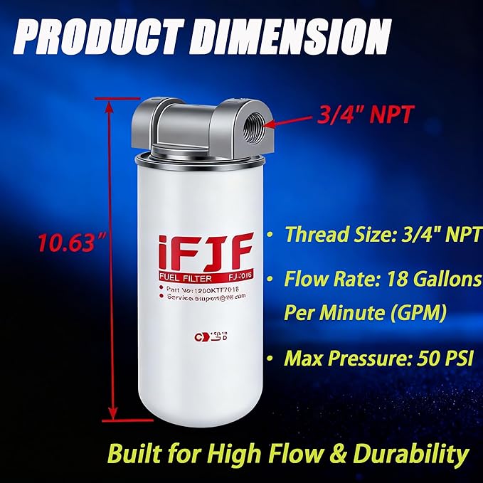 iFJF 1200KTF7018 Fuel Filter Spin-on Particulate Replacement for Transfer Pump FR112 FR1210G FR610G 18 GPM 3/4" with 1200KTG9075 Filter Head and 3/4” ST Elbow and 3/4 x 7” Nipple