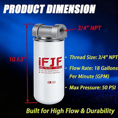 iFJF 1200KTF7018 Fuel Filter Spin-on Particulate Replacement for Transfer Pump FR112 FR1210G FR610G 18 GPM 3/4" with 1200KTG9075 Filter Head and 3/4” ST Elbow and 3/4 x 7” Nipple
