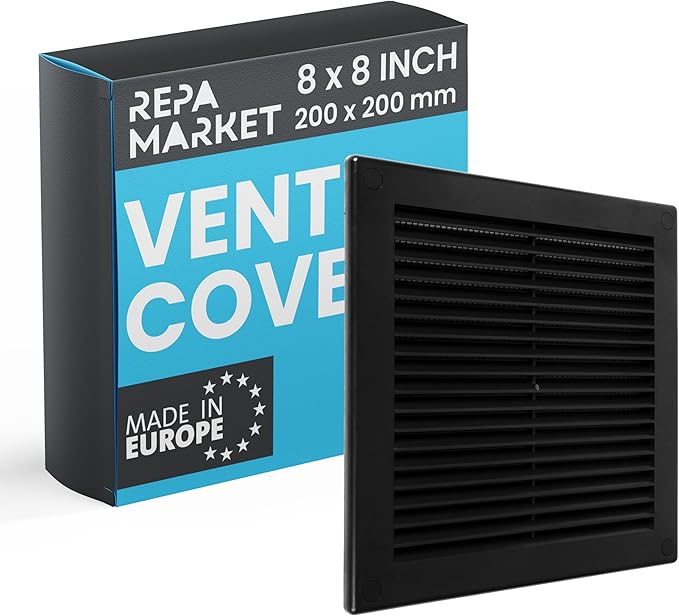 Repa Market 8 x 8 Inch (Outer) Black Square Air Vent Cover - Plastic Fresh Air Intake Vent - AC Cover with Nylon Mesh Screen, Wall, Ceiling HVAC Return Air Register, Modern Soffit Vents