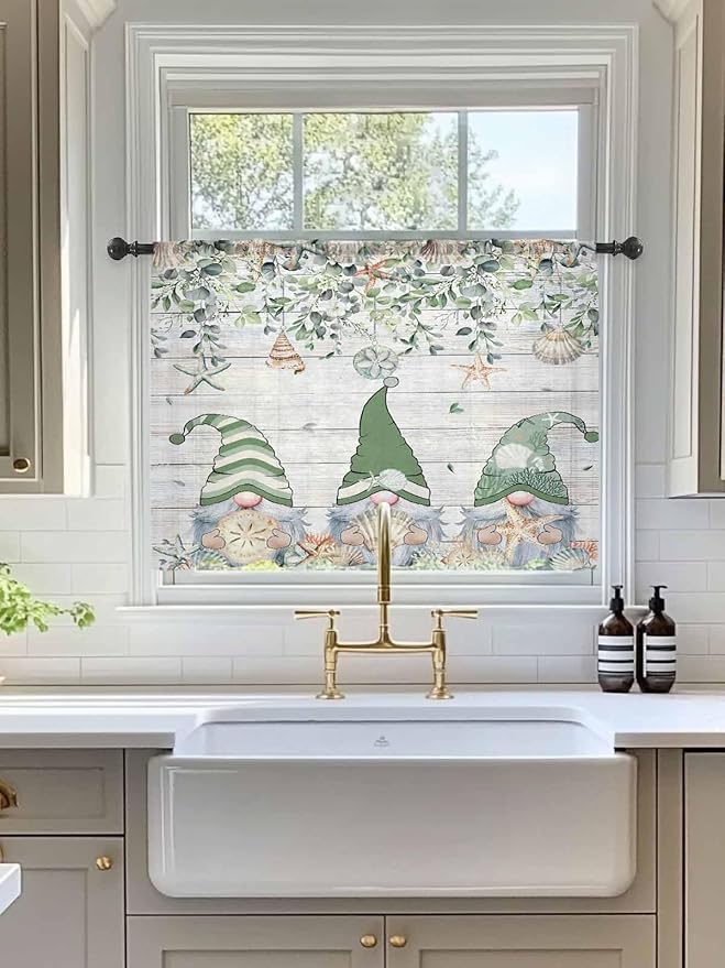 Sheer Curtains 45 Inch Length, Coastal Eucalyptus Leaf Semi Sheer Curtains Light Filtering Window Treatment, Sage Green Gnomes Starfish Privacy Voile Drapes for Living Room Bedroom 52x45 Inch