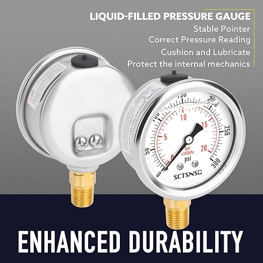 2-1/2" Dial Size, 0-300 Psi Pressure Gauge, Glycerin Liquid Filled, 1/4" NPT Lower Mount, Stainless Steel Case, for Regulator, Air Compressor, Water System, HVAC, Hydraulic, Pressure Test