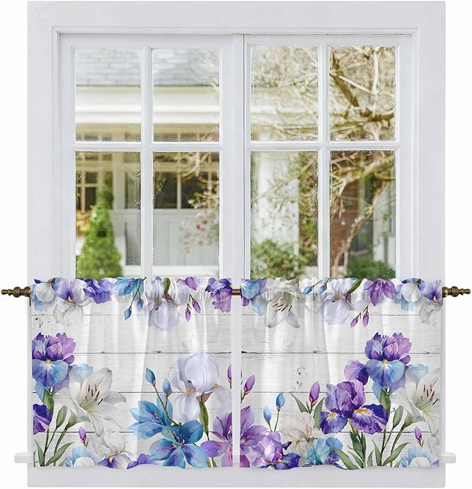 Spring Flowers Tier Curtains, Watercolor Garden Florals Wooden Grain Light Filtering Kitchen Curtains, 2Pcs Rod Pocket Half Window Treatments Panels for Sink Cafe Cabinet Camper 27.5x36 Inches