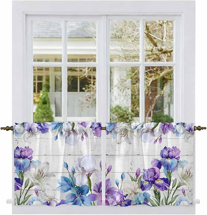 Spring Flowers Tier Curtains, Watercolor Garden Florals Wooden Grain Light Filtering Kitchen Curtains, 2Pcs Rod Pocket Half Window Treatments Panels for Sink Cafe Cabinet Camper 27.5x36 Inches