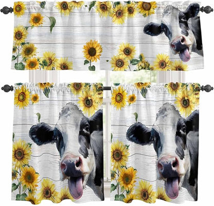 Kitchen Curtains Tiers and Valance Set of 3, Cow Sunflowers Light Filtering Window Curtain Set, Farmhouse Animals Plants Wooden Grain Rod Pocket Curtain Drapes for Cafe, Living Room, 24 Inches Tiers