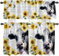 Kitchen Curtains Tiers and Valance Set of 3, Cow Sunflowers Light Filtering Window Curtain Set, Farmhouse Animals Plants Wooden Grain Rod Pocket Curtain Drapes for Cafe, Living Room, 24 Inches Tiers