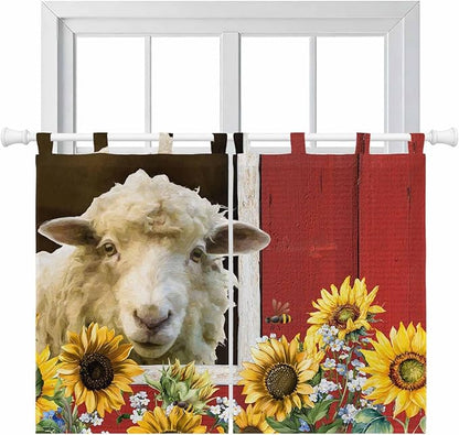 Sheep Flowers Bedroom Curtains 63 Inch Length, Window Curtains Tab Top, Country Red Barn Botanical Sunflowers Light Filtering Window Treatments Drapes 42"x63" 2 Panel