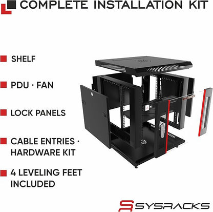 Sysracks 6U Wall Mount Server Rack Cabinet, 19” Locking Network Rack, 24” Deep, Glass Door, with Fan, PDU and Shelf