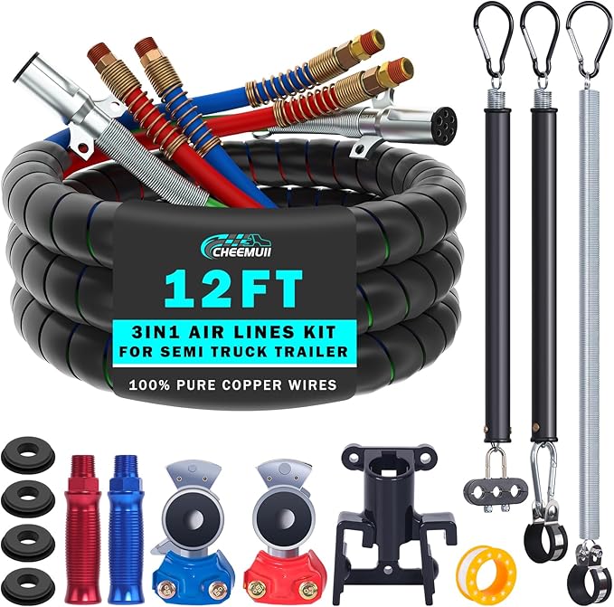 CheeMuii 12 FT Semi Truck Air Line Kit With Gladhand Holder and Springs - Red & Blue Brake Hoses and 7 Way Trailer Cord 3-in-1 for Tractor