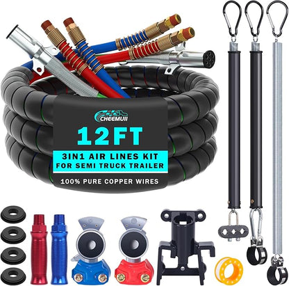 CheeMuii 12 FT Semi Truck Air Line Kit With Gladhand Holder and Springs - Red & Blue Brake Hoses and 7 Way Trailer Cord 3-in-1 for Tractor