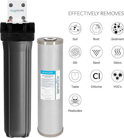 Aquasure Fortitude V2 Series Triple Purpose Sediment/Carbon/Zinc Bacteria Inhibiting Water Treatment Pre-Filter with Housing System, Large Size | Removes 99% of Contaminants (AS-FL-25SCZ)