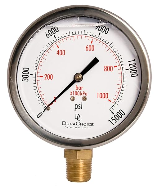 4" Oil Filled Pressure Gauge - Stainless Steel Case, Brass, 1/2" NPT, Lower Mount Connection, 0-15,000PSI