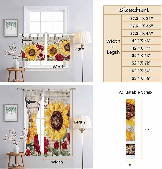 Red Yellow Sunflowers Bedroom Curtains 72 Inch Length, Window Curtains Tab Top, Retro Rustic Barn Doors Butterfly Brown Light Filtering Window Treatments Drapes 52"x72" 2 Panel