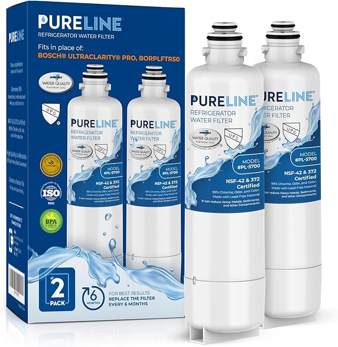 Pureline Replacement for Bosch® Ultra Clarity® Pro Water Filter, BORPLFTR50, 11025825, BORPLFTR55, 12028325, 11032531, 12033030, B36CT80SNS, B36CL80ENS, WFC100MF Refrigerator Water Filter (2 Pack)
