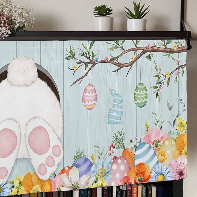 Easter Bunny Curtain Valances for Windows, Kitchen Valance Window Treatment, Easter Eggs Spring Farmhouse Wood Grain Teal Blue Light Filter Block Curtains for Bathroom/Bedroom/Living Room 42'' x 12''