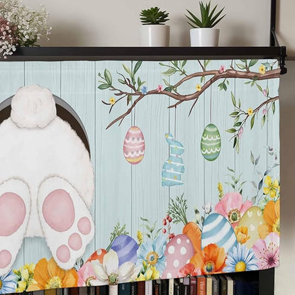 Easter Bunny Curtain Valances for Windows, Kitchen Valance Window Treatment, Easter Eggs Spring Farmhouse Wood Grain Teal Blue Light Filter Block Curtains for Bathroom/Bedroom/Living Room 54'' x 18''