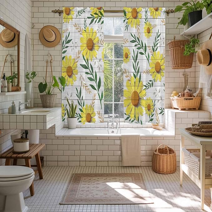 Yellow Daisy Kitchen Curtains, Farmhouse Country Flower Leaf Plant Wood Grain Light Filtering Window Curtain Panels, 2Pcs Rod Pocket Window Treatments Set for Living Room Bathroom Bedroom 42x63 Inches
