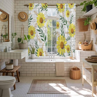 Yellow Daisy Kitchen Curtains, Farmhouse Country Flower Leaf Plant Wood Grain Light Filtering Window Curtain Panels, 2Pcs Rod Pocket Window Treatments Set for Living Room Bathroom Bedroom 42x63 Inches