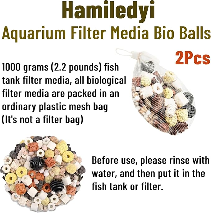 Hamiledyi Aquarium Filter Media 12 in 1 Bio Balls Ceramic Rings Fish Tank Pond Biofilter Filter Media 500 Grams with Mesh Bag