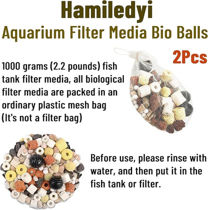Hamiledyi Aquarium Filter Media 12 in 1 Bio Balls Ceramic Rings Fish Tank Pond Biofilter Filter Media 500 Grams with Mesh Bag