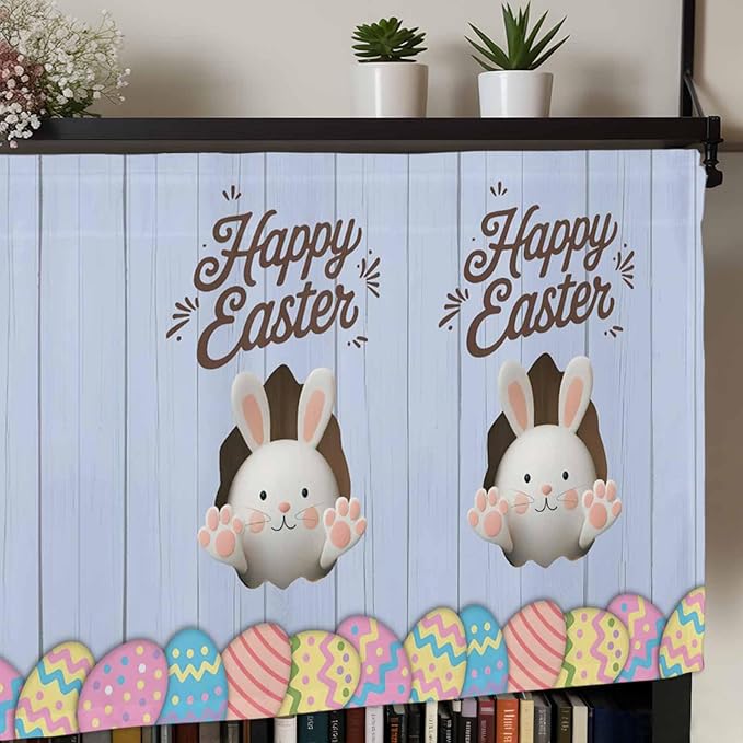 Blue Easter Curtain Valances for Windows, Kitchen Valance Window Treatment, Spring Cartoon Bunny Colorful Eggs Wood Grain Light Filtering Block Curtains for Bathroom/Bedroom/Living Room 60'' x 18''