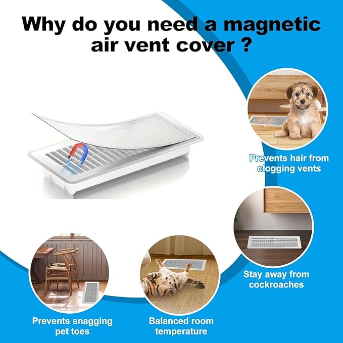 6-Pack White Magnetic Vent Covers 5x11 Inch - Universal Fit for Floor, Wall & Ceiling Registers (5"-6" Width x 11"-12"Length) | High Airflow Mesh Design | Tool-Free Easy Installation