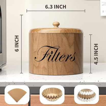 Coffee Filter Holder, Wooden Coffee Filter Storage with Lid, RoundCoffeeFilterContainer for Counter, Rustic Bar Accessories Holder Decor (Natural)