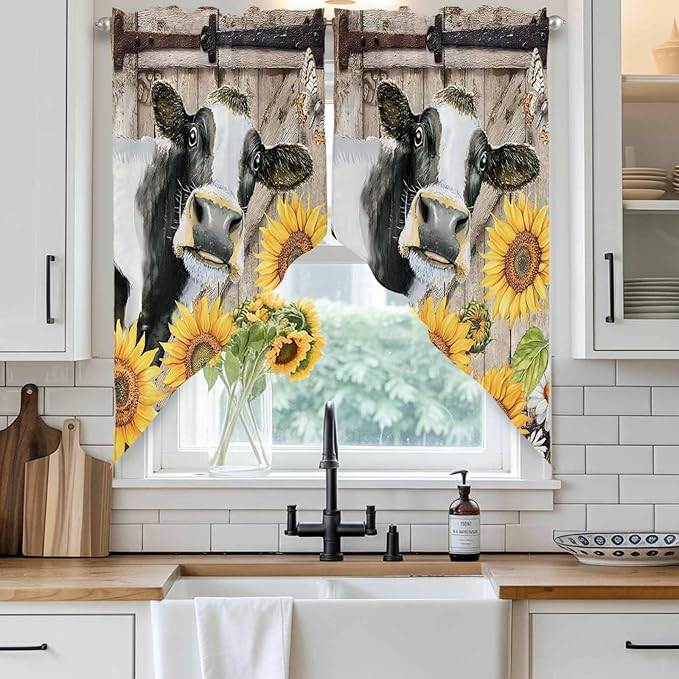 Retro Farmhouse Flower Swag Valances for Windows, Yellow Sunflowers Cow Barn Doors Brown Rod Pocket Kitchen Curtains Valance, Kitchen Window Curtains Swag for Cafe Living Room, 2 Panels, 36x63 inch