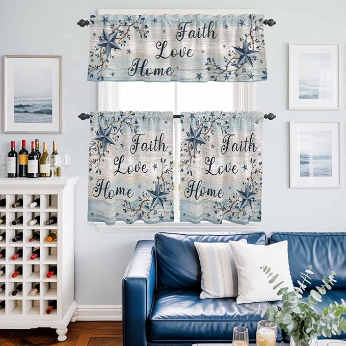 Kitchen Curtains Tiers and Valance Set of 3, Vintage Farmhouse Light Filtering Window Curtain Set, Blue Country Texas Star Vines Wooden Rod Pocket Curtain Drapes for Cafe, Living Room, 36 Inches Tiers